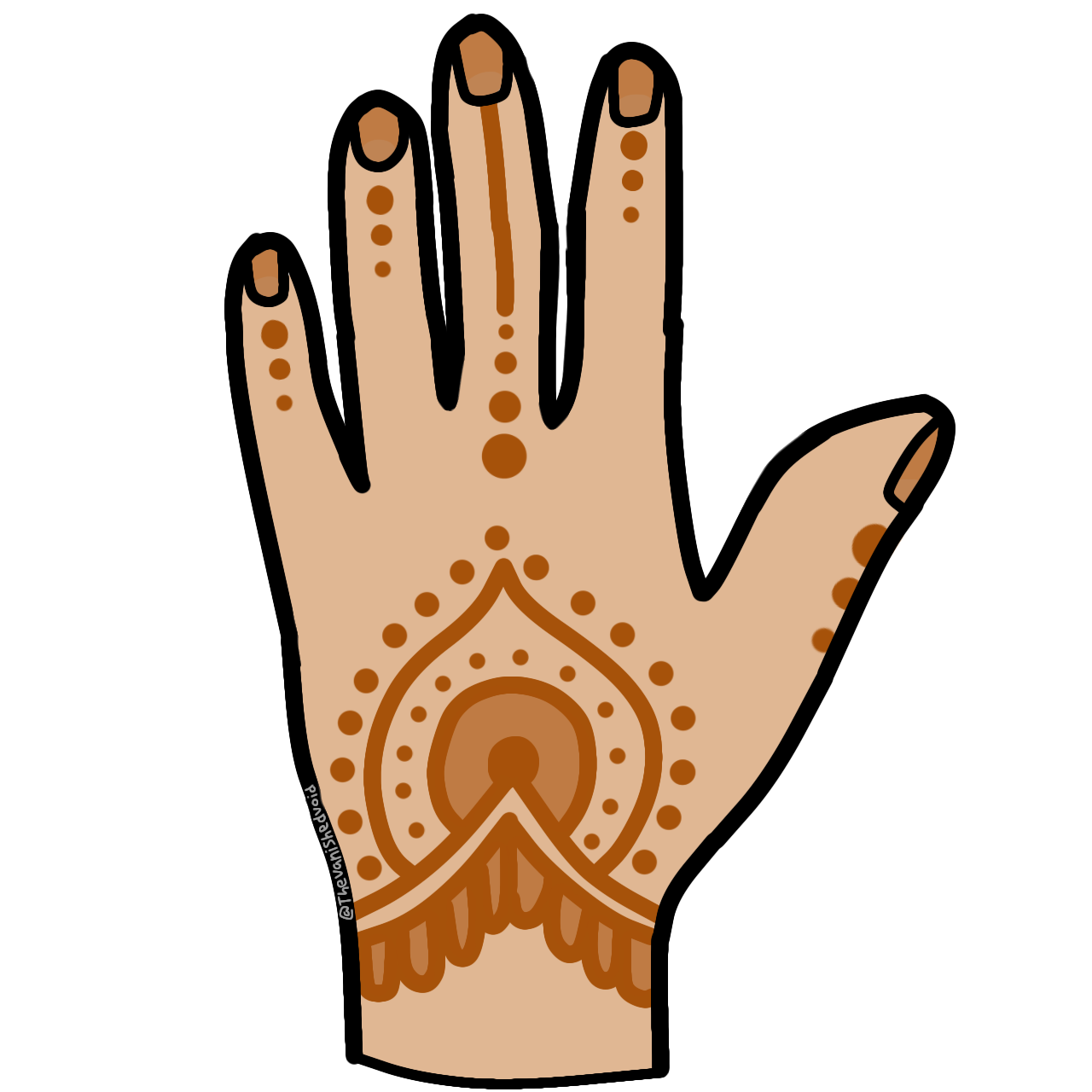 a cartoonish left hand with orange-brown stained pattern on it. the skin color is very light brown